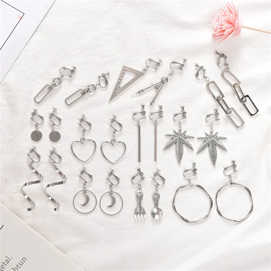 Moon Star Earrings - Korean Asymmetrical Simple Ear Clips Earrings
